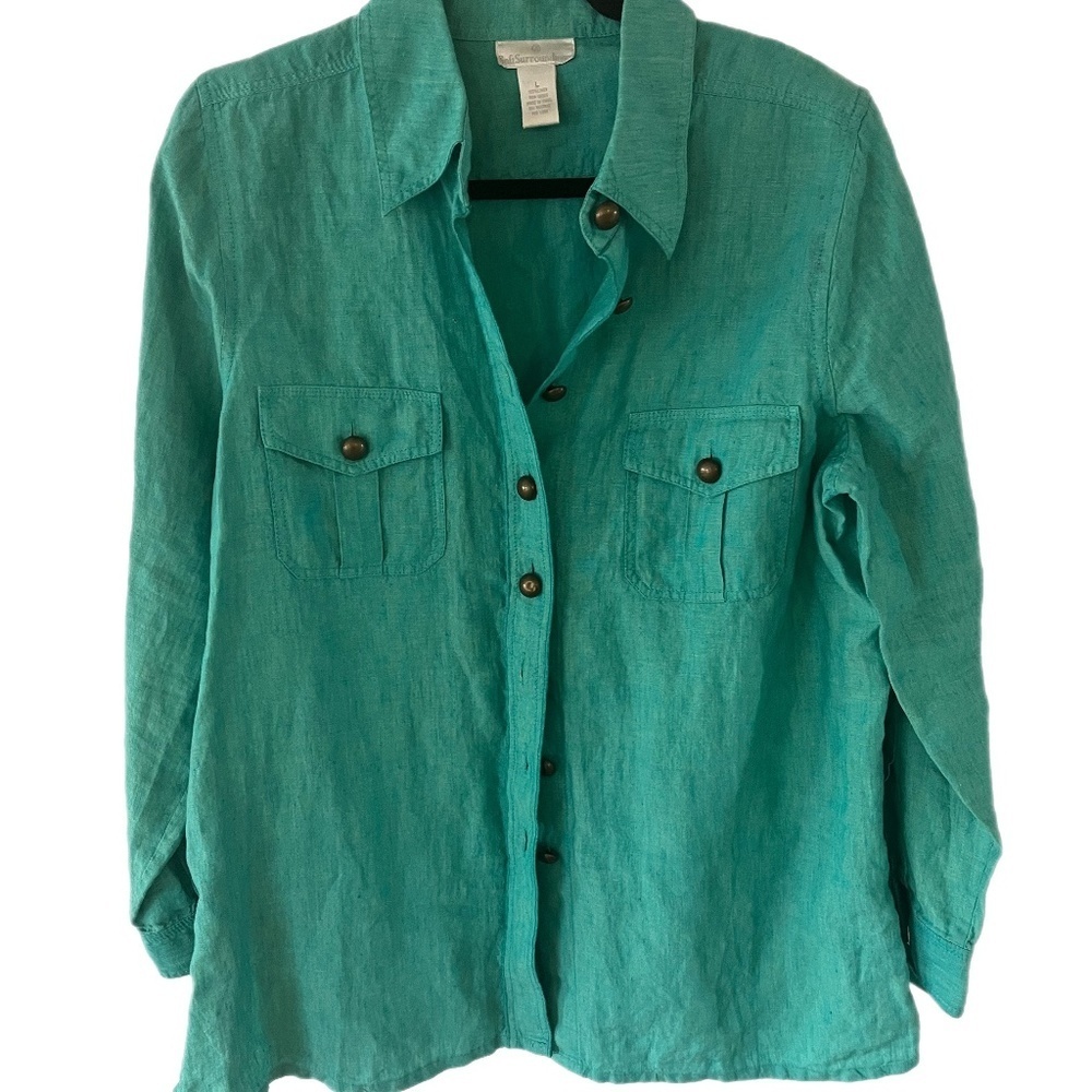 Soft Surroundings Brass Buttons Linen Shacket Pockets minimalist